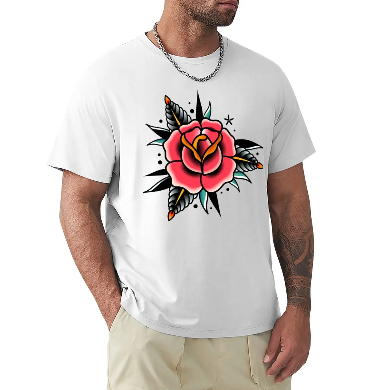 традиционная олдскульная футболка с татуировкой в виде розы, одежда из аниме, одежда хиппи, футболки на заказ, футболки оверсайз, футболки для мужчин, упаковка