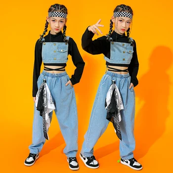 Современная одежда для уличных танцев Детская рейв-одежда Джазовый костюм Одежда для девочек в стиле хип-хоп Джинсовая одежда с длинными рукавами для выступлений
