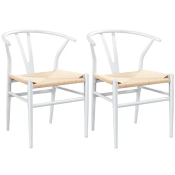Металлические обеденные стулья с плетеным сиденьем из пеньки, комплект из 2-х, белый