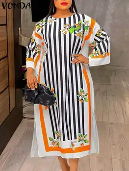 Богемное женское длинное платье VONDA 2023, Летний винтажный сарафан Макси в полоску с принтом, Повседневный Свободный женский халат с разрезом