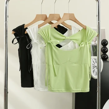 Шикарная футболка для женщин, открытая футболка, женские летние милые футболки на шнуровке и без спинки, женская корейская мода с открытыми плечами, прямая поставка