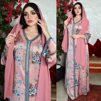 Длинное платье с цветочным принтом, Этническая бриллиантовая лента, V-образный вырез, Марокканское платье, кафтан, осень 2022, Женская одежда Бангладеш