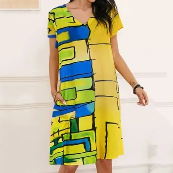 Модное вечернее платье с принтом, короткое платье с V-образным вырезом, трехцветное женское платье Com Dress