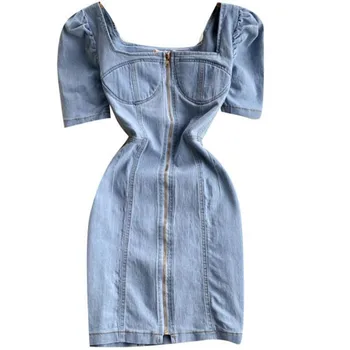 летнее винтажное джинсовое платье с квадратным воротником, женское платье с пышными рукавами, приталенная упаковка, модное платье трапециевидной формы