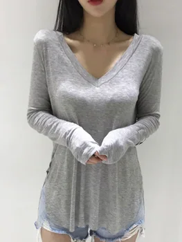 Повседневная женская футболка с V образным вырезом Весна 2023 Женская одежда в корейском стиле Базовые футболки Топы с длинными рукавами Свободные футболки Camisetas