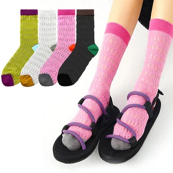 Женские носки с сеткой Для девочек Летние Повседневные Ультратонкие носки из мягкого стекла, шелковые хлопчатобумажные носки, Дышащие эластичные носки средней длины