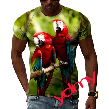 Футболка прилив Моды Самме попугай картина мужская повседневная печать футболки хип-хоп личности шею с коротким складки быстросохнущие топы